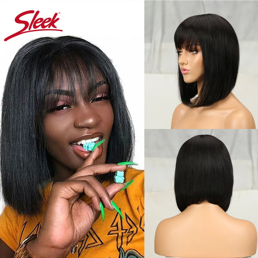 Nature Black Straight Bob Wigs With Bang Sleek Brazilian Short Hair Bob Wigs For Black Women Red 99J Glueless Machine Made Cheap