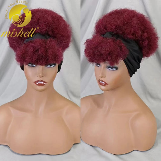 Burgundy 99J# Machine Made Wig Afro Kinky Curly Scarf Wigs with Bangs  Bouncy Curly Human Hair Wig 200% Density for Black Women